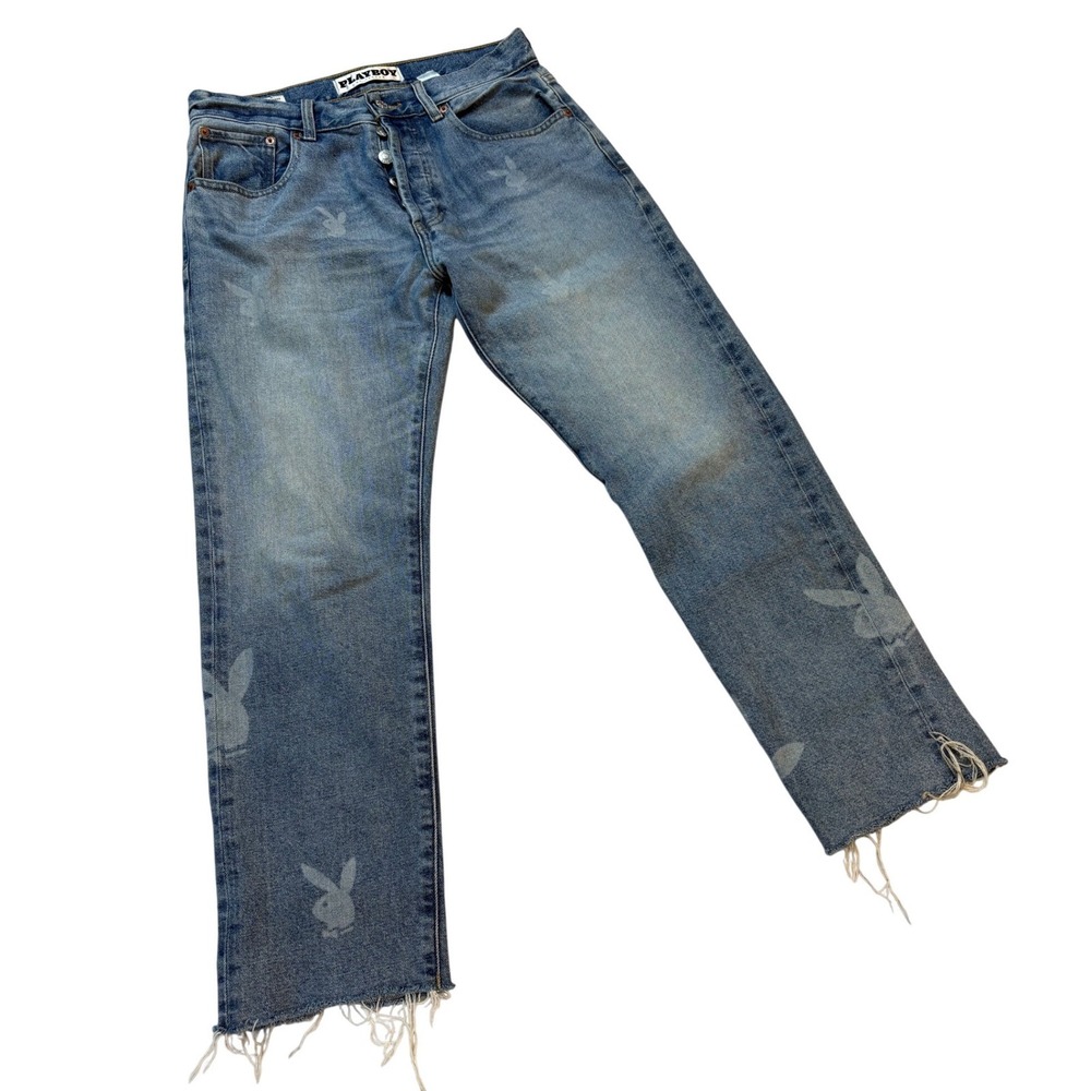 Playboy Jeans Mens 30 Blue Excellent PacSun Vintage Loose Bunny Print Raw Hem